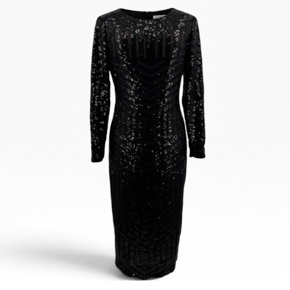 Dress the Population Emery Sequin Midi Dress L Black Nude Bodycon Cocktail NWT